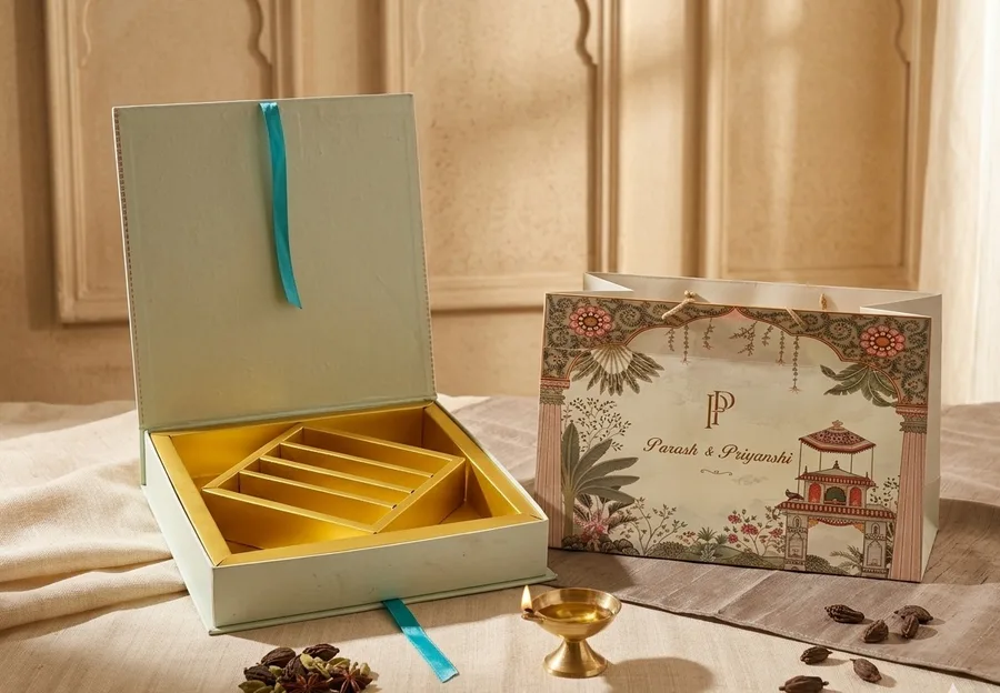 Cream box open beside its matching carry bag