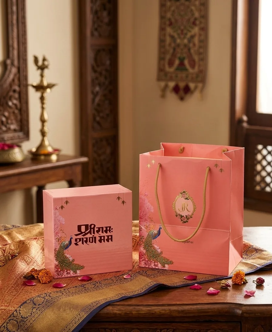 Peach box with matching printed carry bag