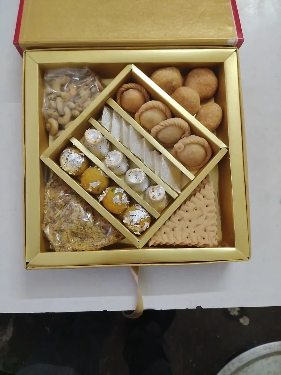 Gold lattice hamper filled with mixed sweets