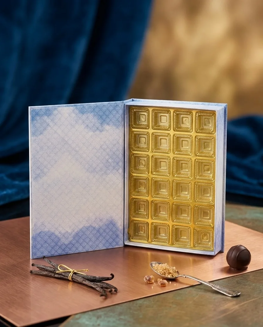 Blue invitation box open with gold sweet tray
