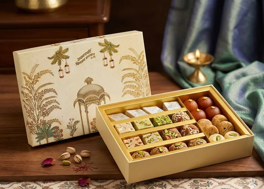 Cream mithai box open, sweets in gold compartments