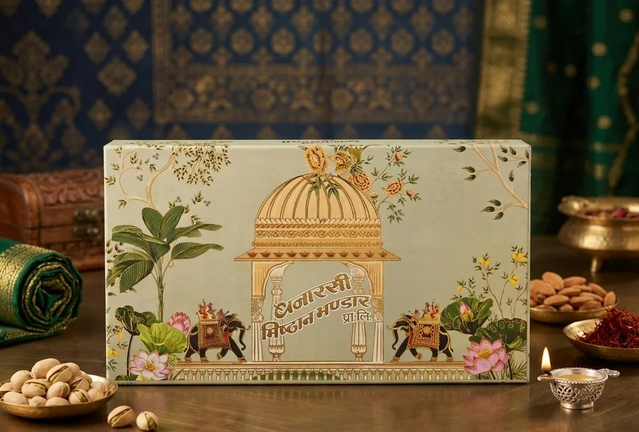 Mithai box printed with elephants and lotus
