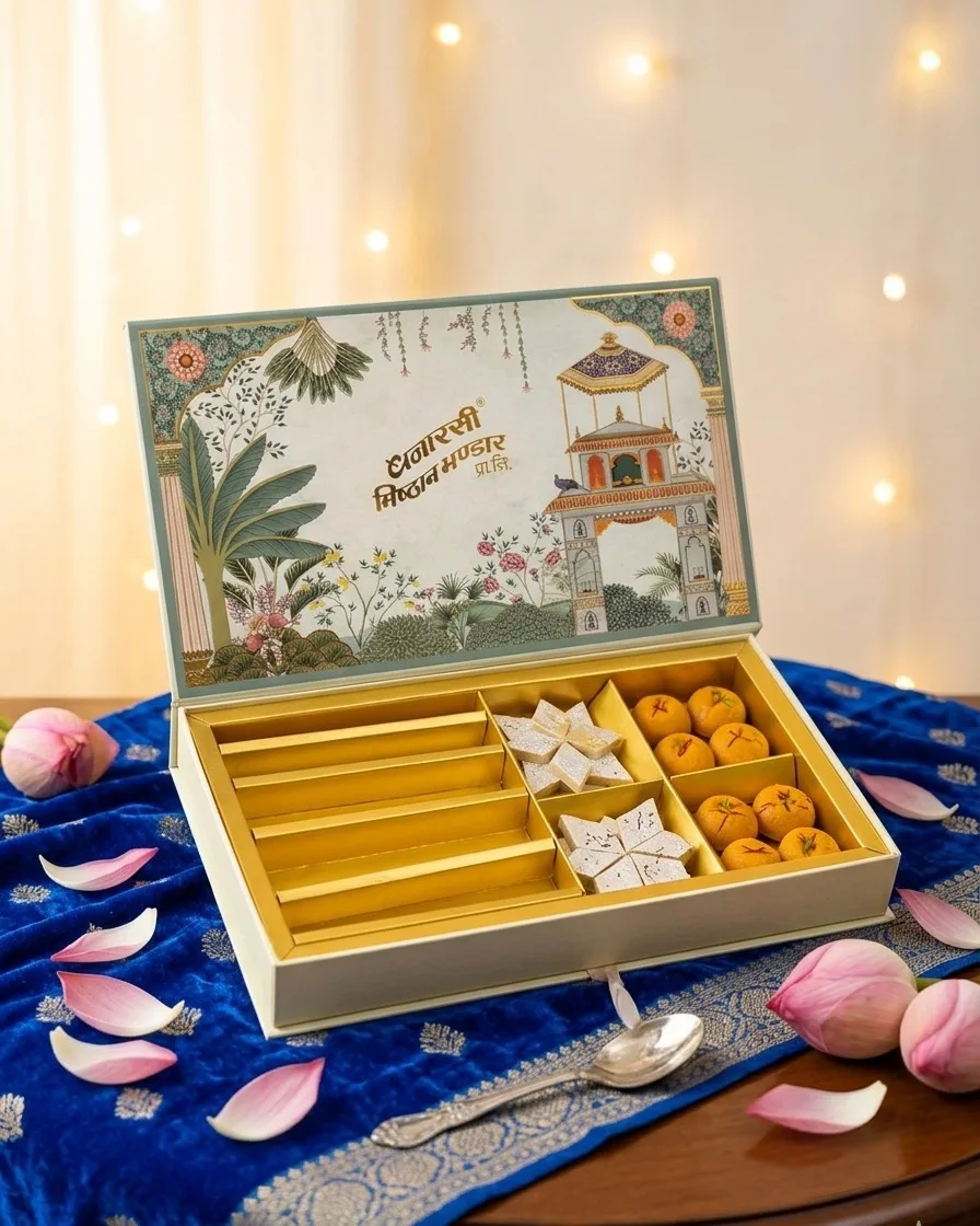 A finished mithai box open, showing its fitted gold tray