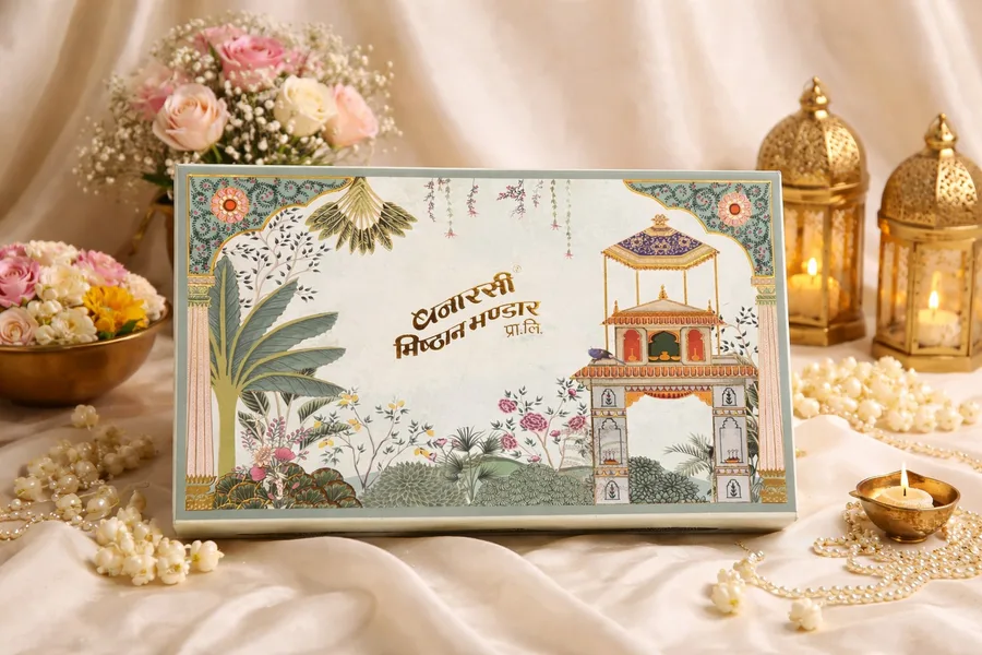 Wide mithai box printed with a pavilion scene
