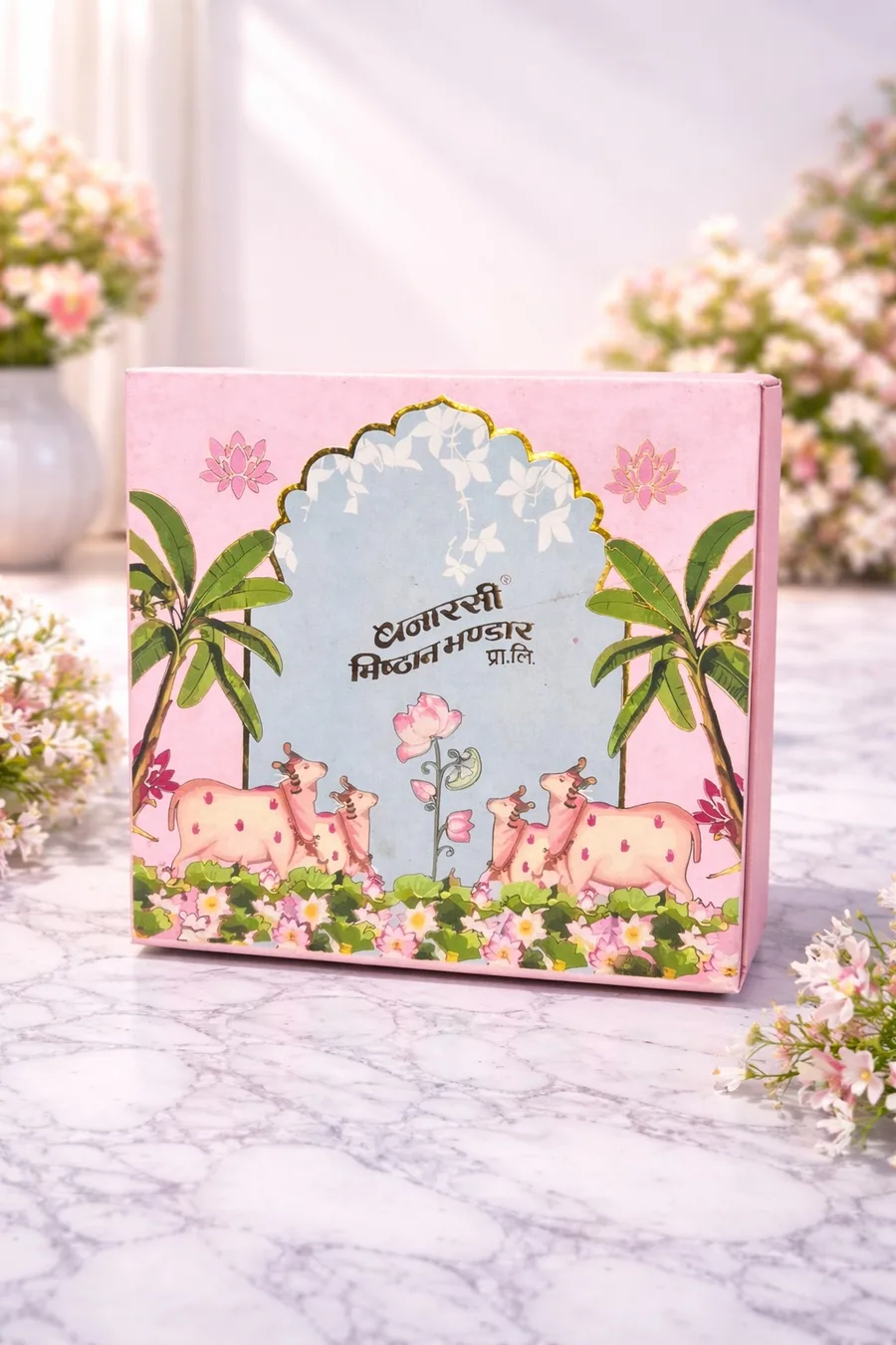 Pink mithai box with painted cows and lotus