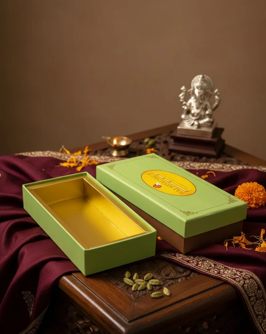 Sweet box open showing a divided gold tray