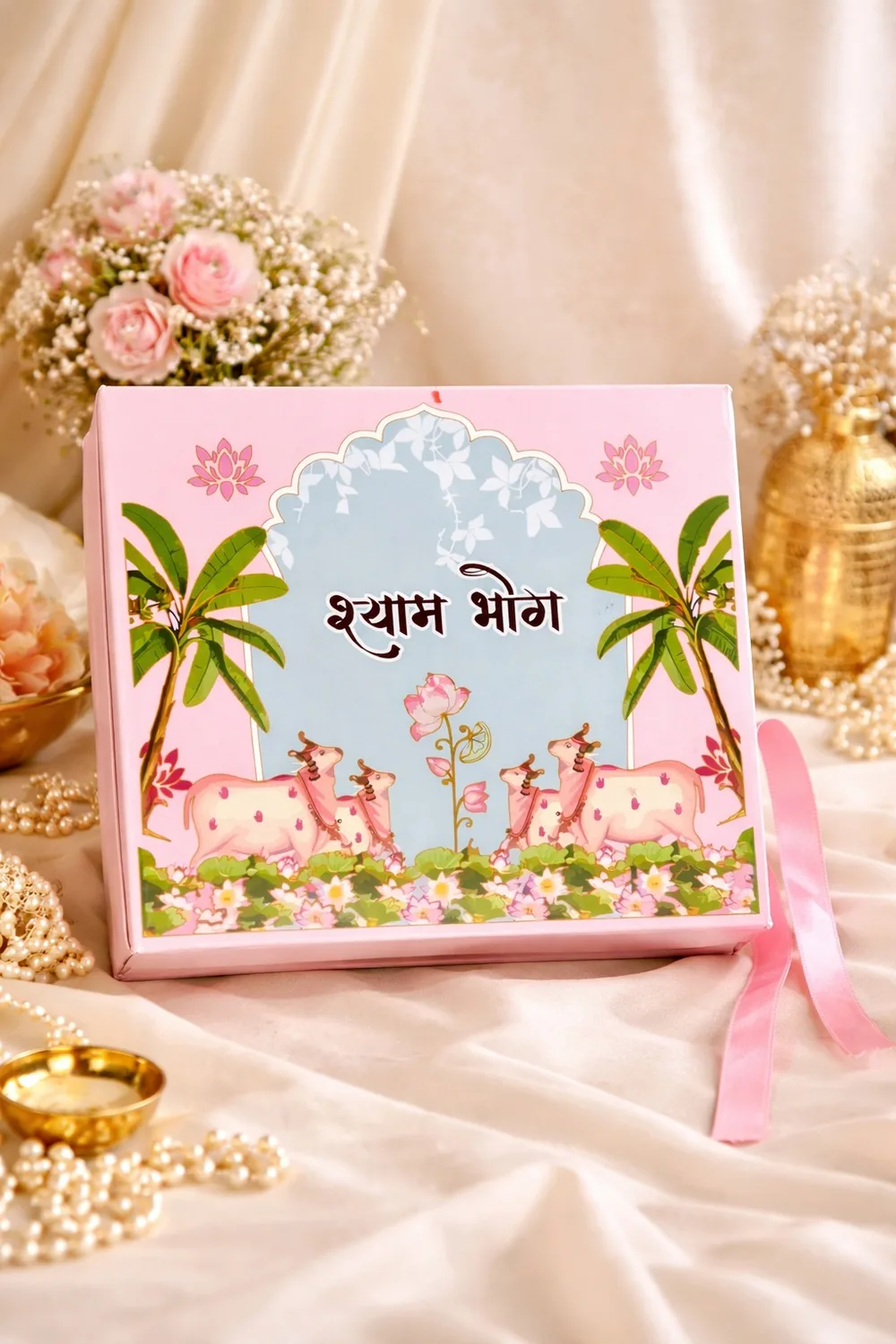 Pink sweet box printed with cows and lotus