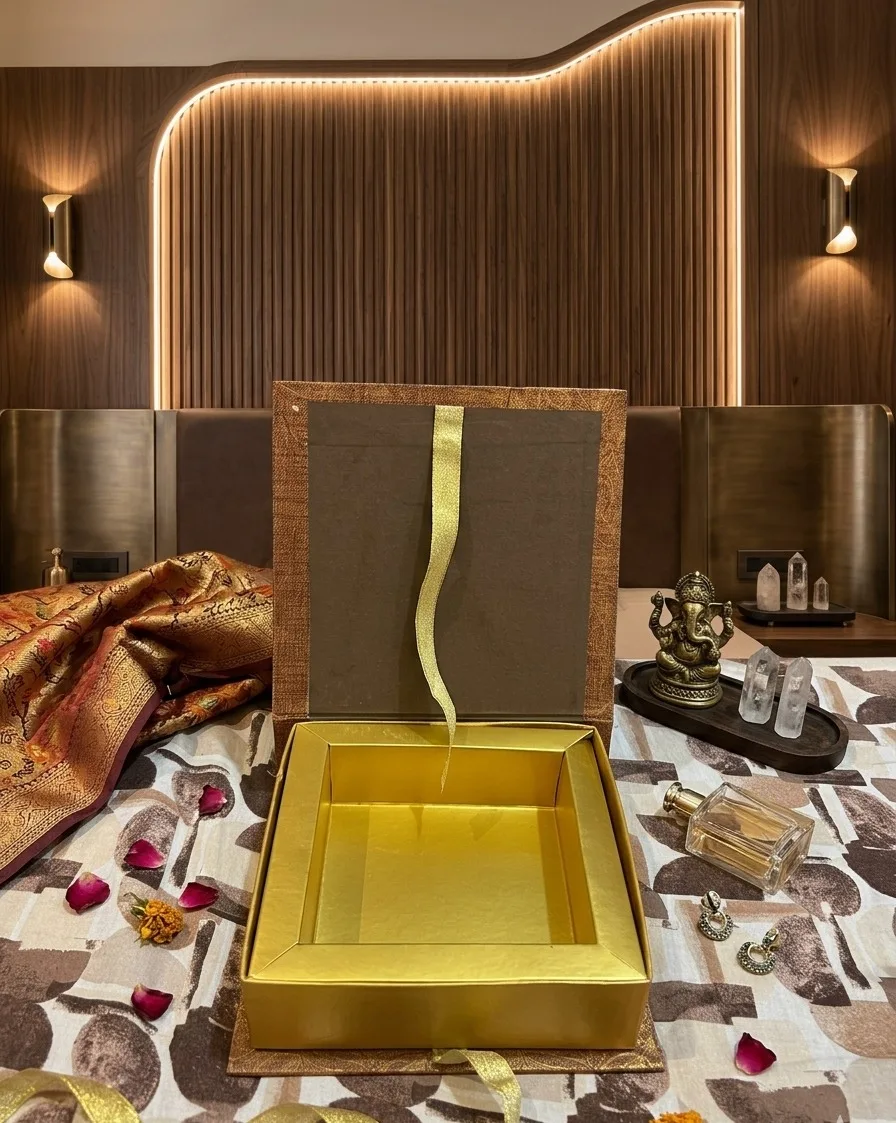 Fabric-wrapped rigid box open, gold lined inside
