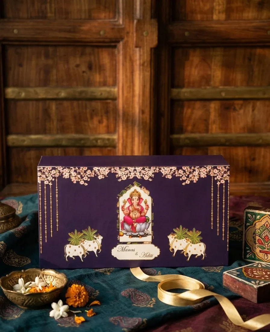 Purple rigid box with printed Ganesh panel