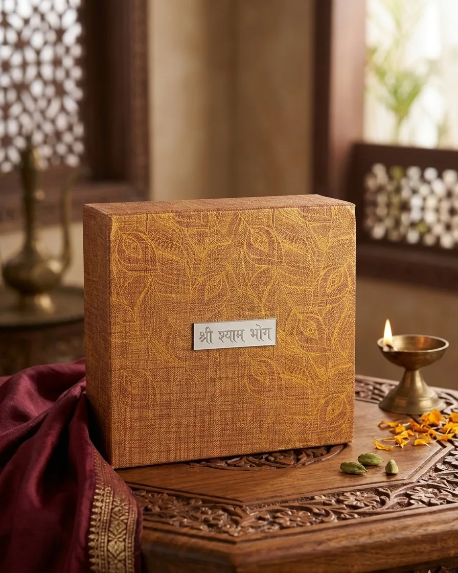 Fabric-wrapped rigid box with metal name plate