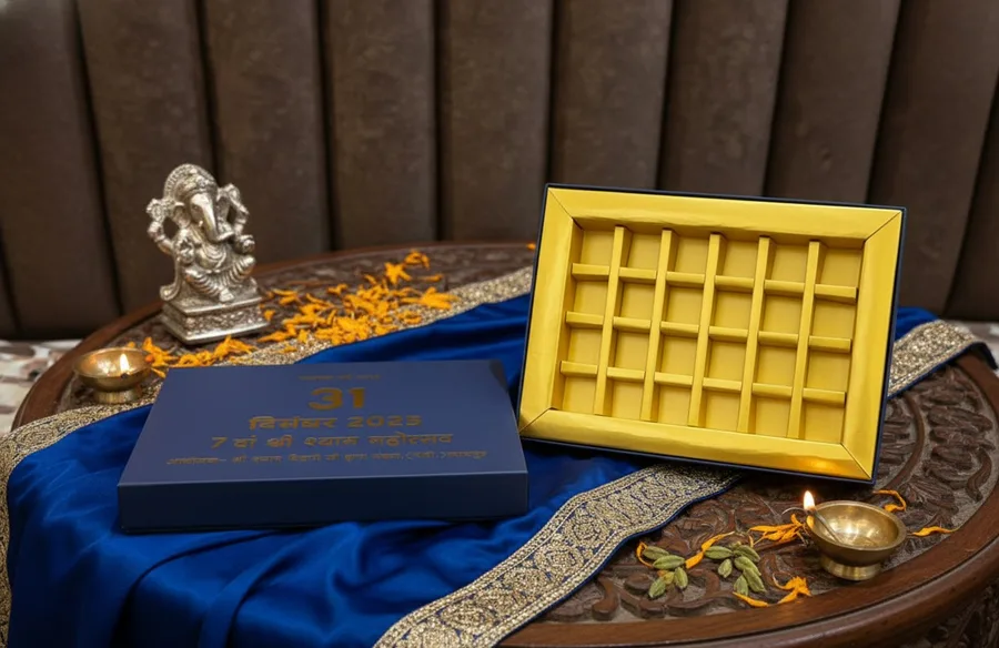Gold twenty-compartment tray standing beside its navy foiled lid